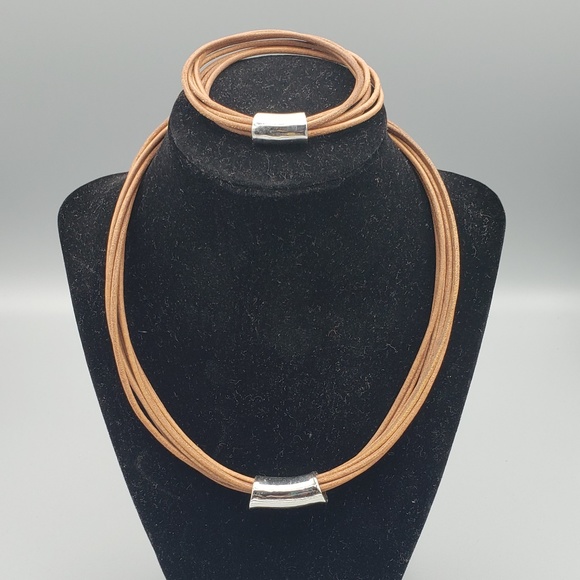 Jewelry - Faux Leather Necklace/Bracelet Set w/Silver Bar